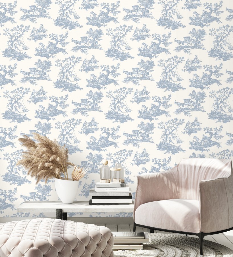 Papel pintado toile de jouy con escenas pastorales color azul  Clermont Folklore 684405