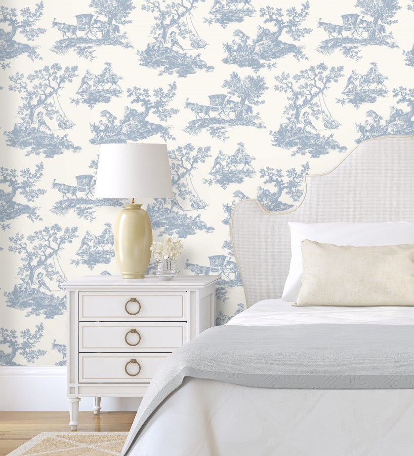 Papel pintado toile de jouy con escenas pastorales color azul  Clermont Folklore 684405