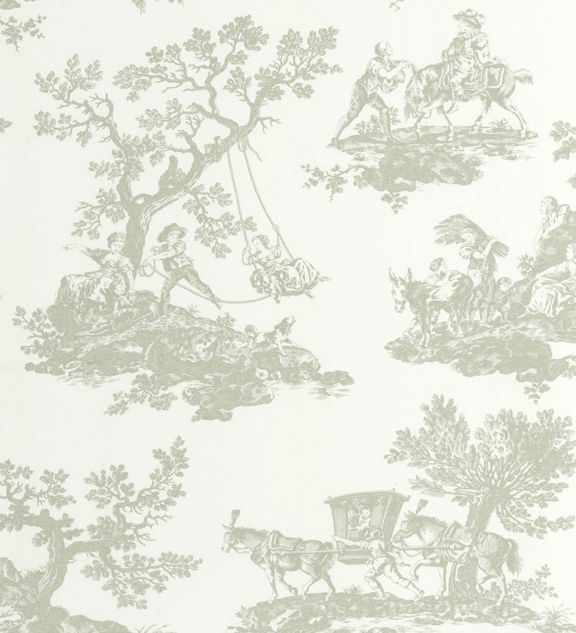 Papel pintado toile de jouy con escenas pastorales color verde  Clermont Folklore 684406
