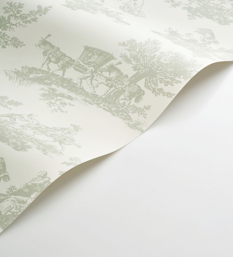 Papel pintado toile de jouy con escenas pastorales color verde  Clermont Folklore 684406