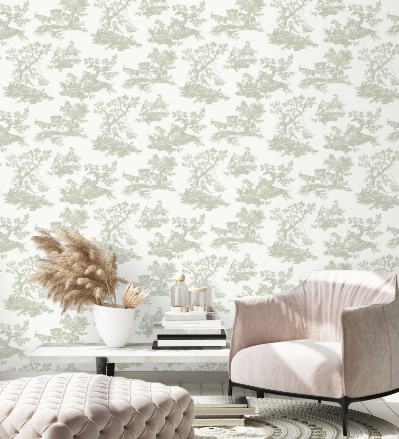 Papel pintado toile de jouy con escenas pastorales color verde  Clermont Folklore 684406