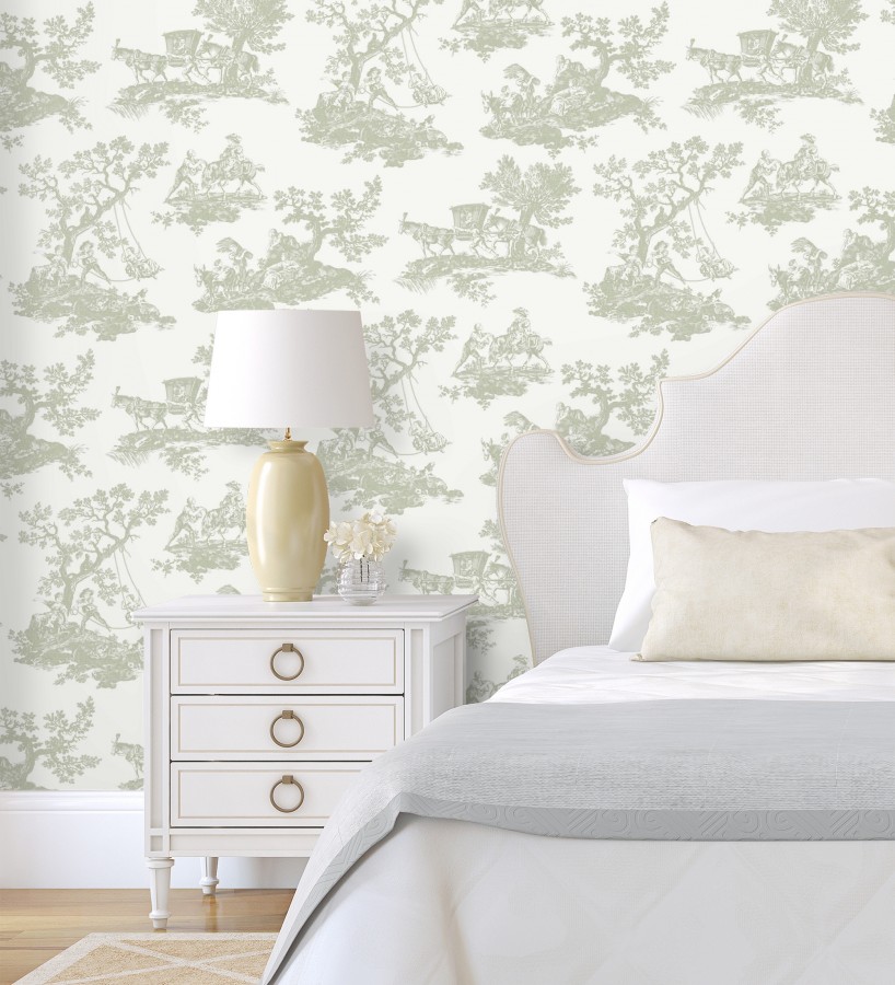 Papel pintado toile de jouy con escenas pastorales color verde  Clermont Folklore 684406