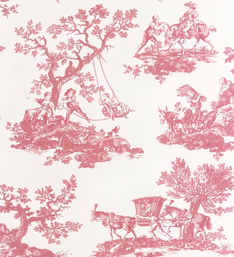 Papel pintado toile de jouy con escenas pastorales color rojo  Clermont Folklore 684407