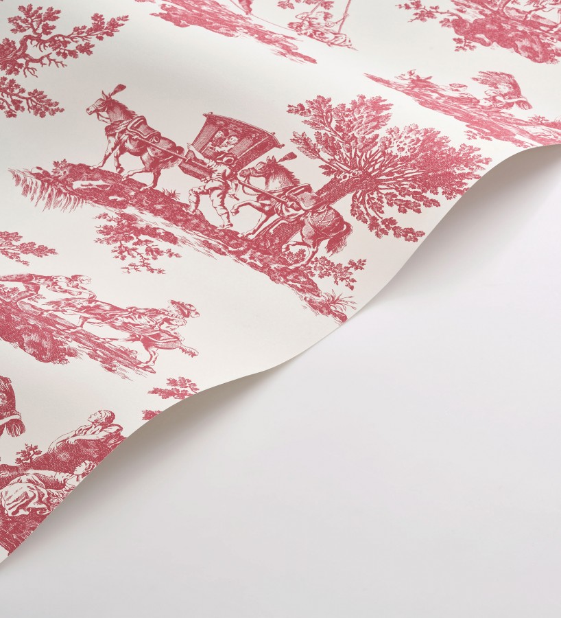 Papel pintado toile de jouy con escenas pastorales color rojo  Clermont Folklore 684407