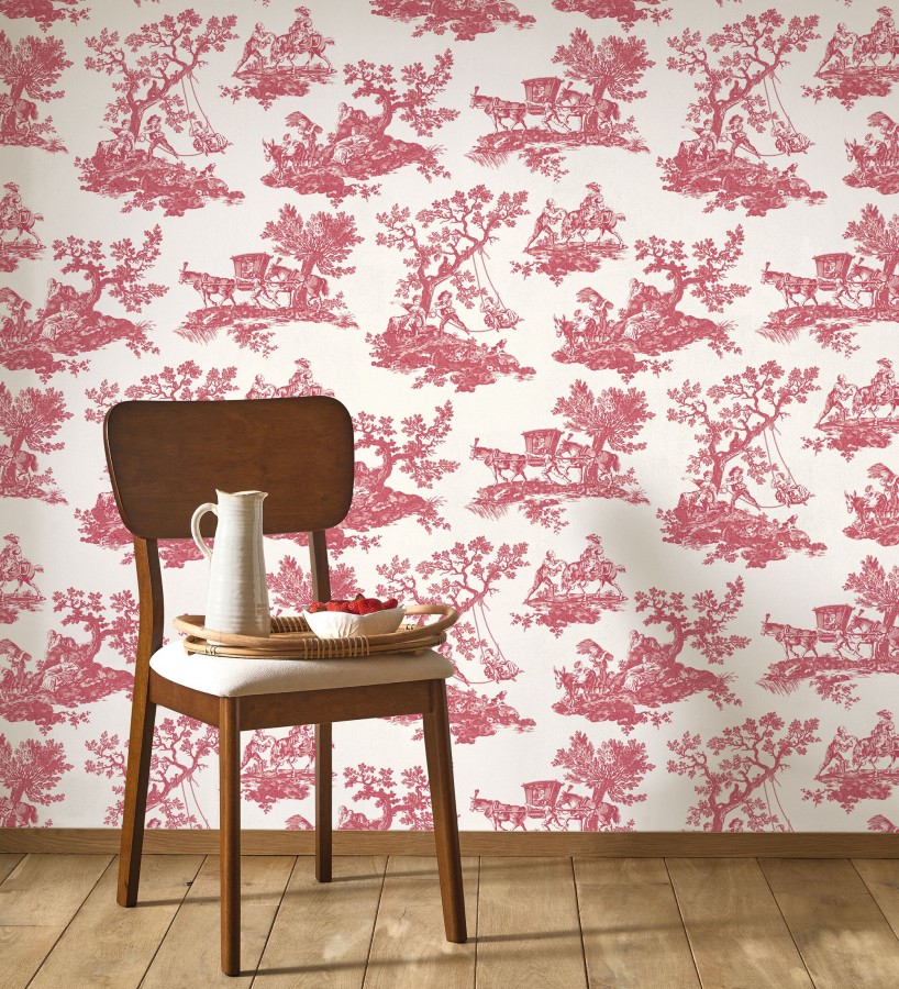 Papel pintado toile de jouy con escenas pastorales color rojo  Clermont Folklore 684407