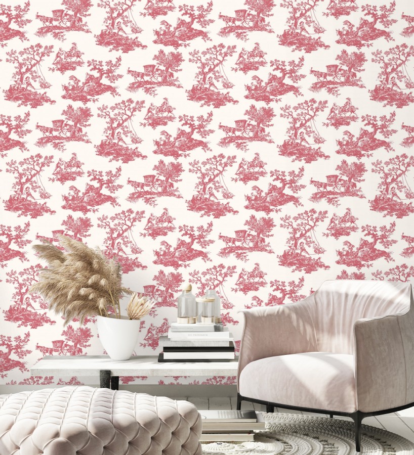 Papel pintado toile de jouy con escenas pastorales color rojo  Clermont Folklore 684407