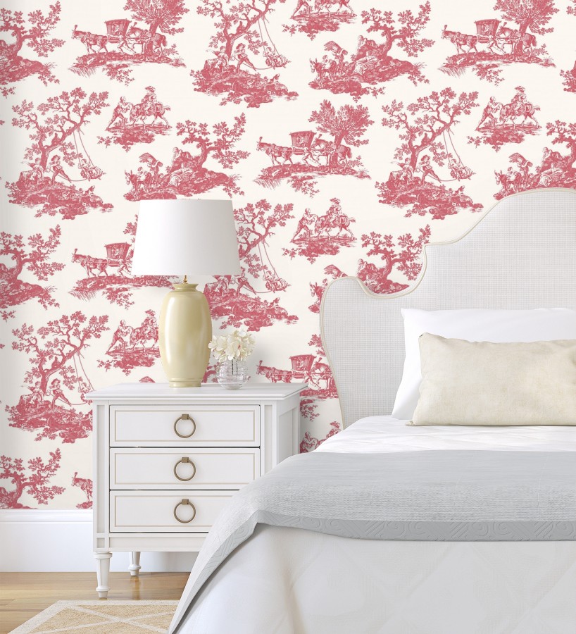 Papel pintado toile de jouy con escenas pastorales color rojo  Clermont Folklore 684407