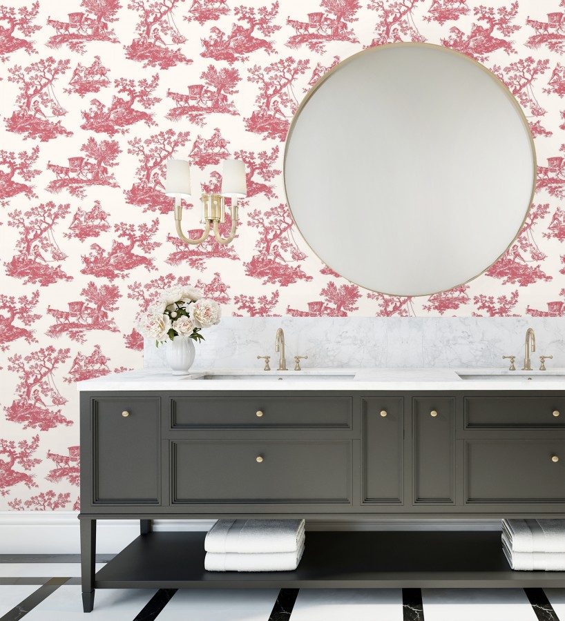 Papel pintado toile de jouy con escenas pastorales color rojo  Clermont Folklore 684407