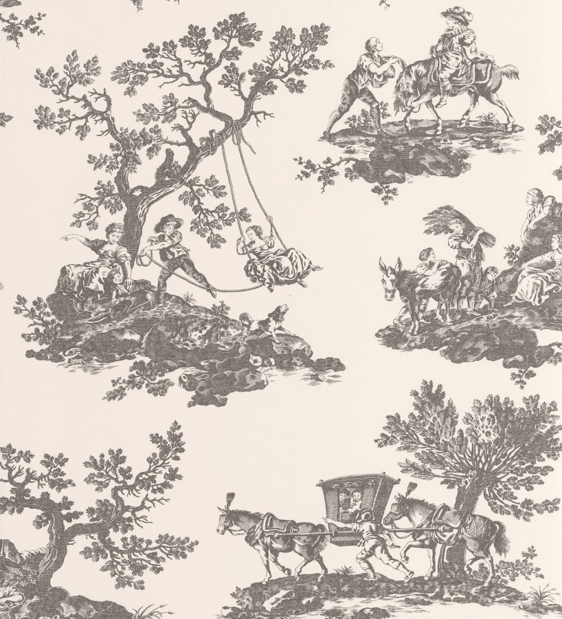 Papel pintado toile de jouy con escenas pastorales color gris carbón  Clermont Folklore 684408