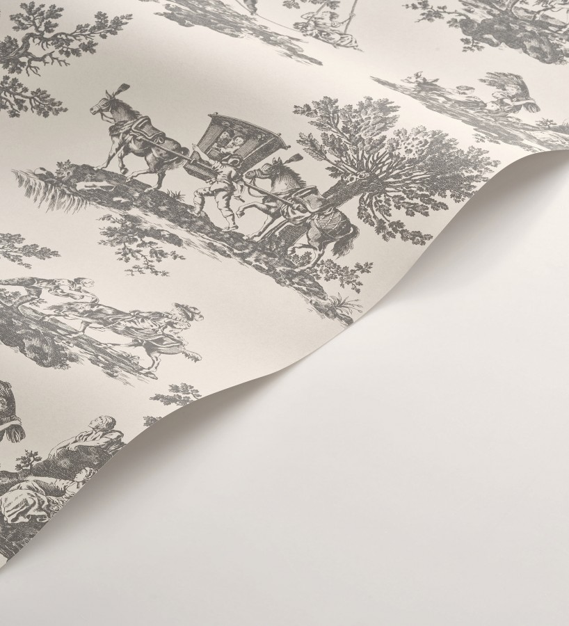 Papel pintado toile de jouy con escenas pastorales color gris carbón  Clermont Folklore 684408