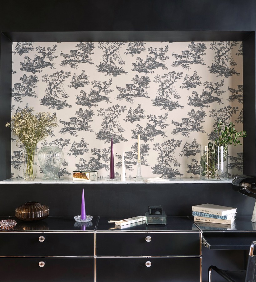 Papel pintado toile de jouy con escenas pastorales color gris carbón  Clermont Folklore 684408