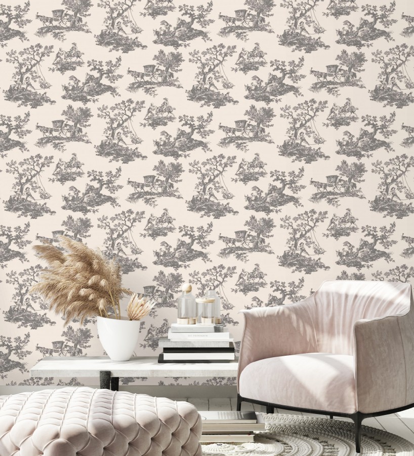 Papel pintado toile de jouy con escenas pastorales color gris carbón  Clermont Folklore 684408