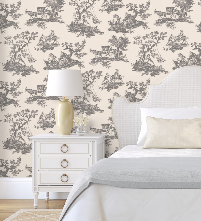 Papel pintado toile de jouy con escenas pastorales color gris carbón  Clermont Folklore 684408