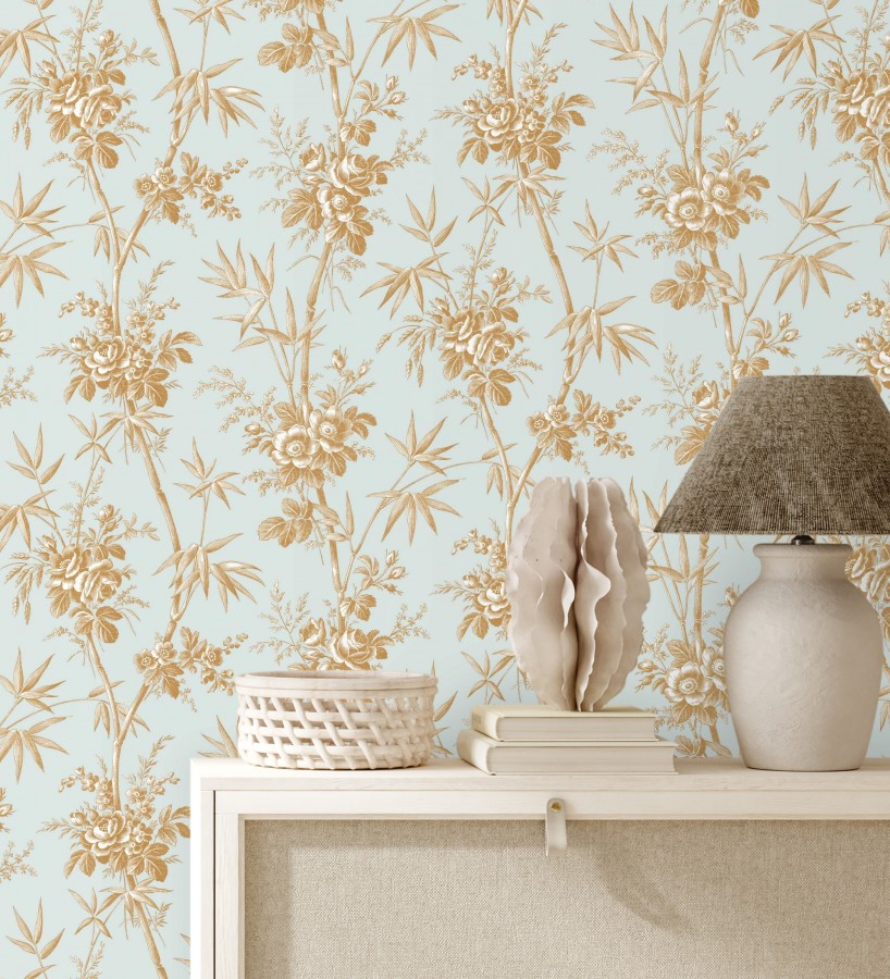 Papel pintado flores románticas provenzales fondo aguamarina  Lucien Refined 684410