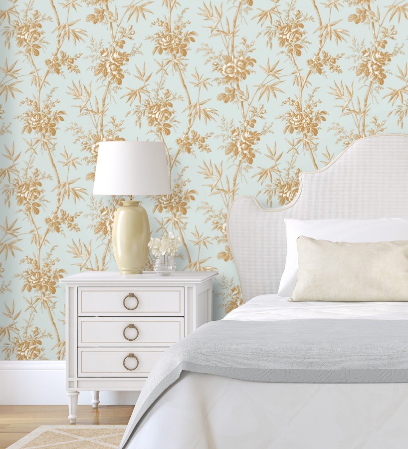 Papel pintado flores románticas provenzales fondo aguamarina  Lucien Refined 684410