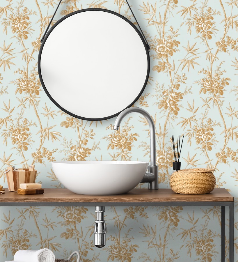 Papel pintado flores románticas provenzales fondo aguamarina  Lucien Refined 684410