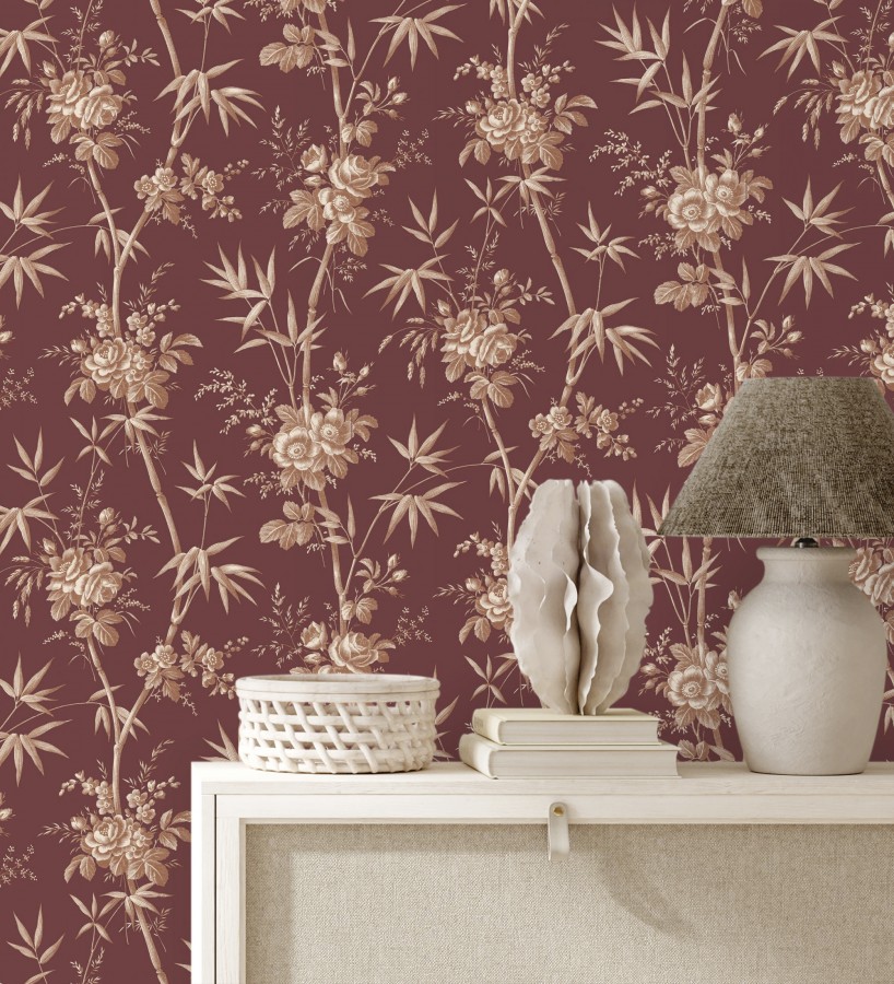 Papel pintado flores románticas provenzales fondo burdeos  Lucien Refined 684411