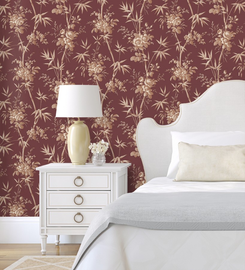 Papel pintado flores románticas provenzales fondo burdeos  Lucien Refined 684411