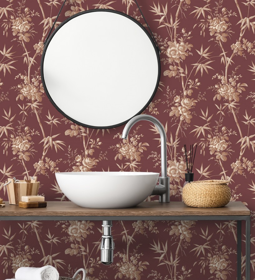 Papel pintado flores románticas provenzales fondo burdeos  Lucien Refined 684411