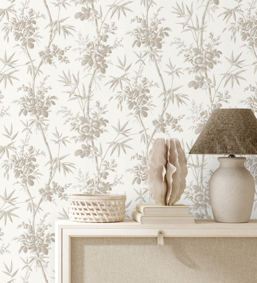Papel pintado flores románticas provenzales fondo blanco roto  Lucien Refined 684412