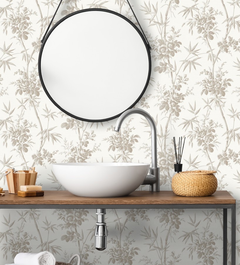 Papel pintado flores románticas provenzales fondo blanco roto  Lucien Refined 684412