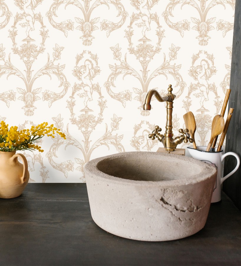 Papel pintado damasco de querubines fondo blanco roto  Cupid Arcadian 684413