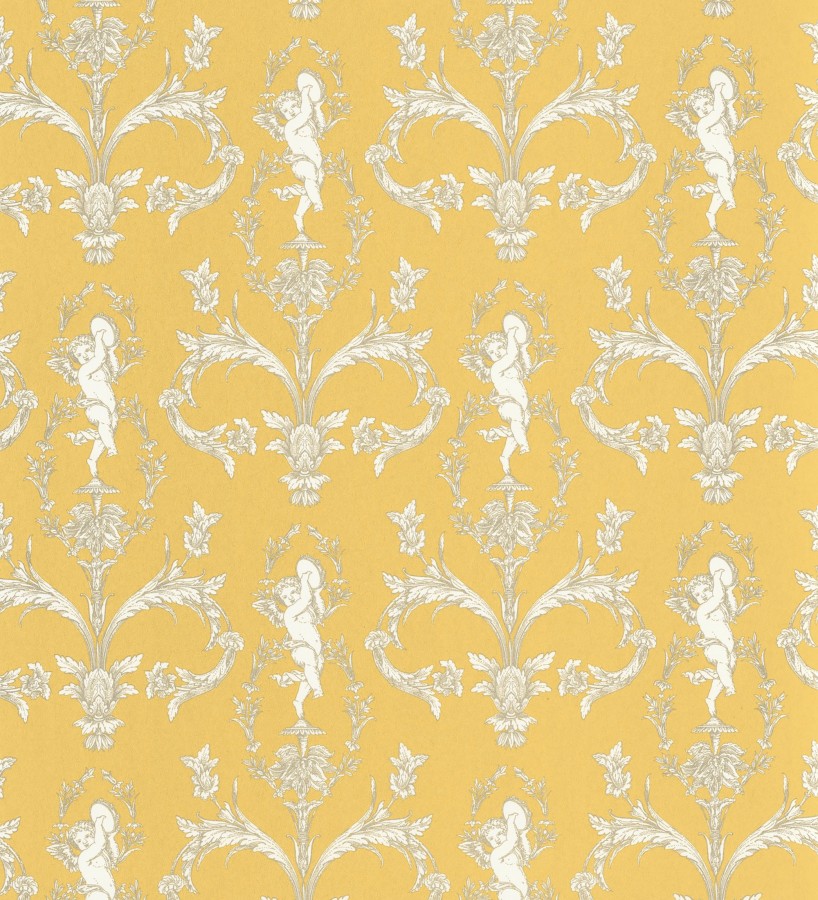 Papel pintado damasco de querubines fondo amarillo mostaza  Cupid Arcadian 684414