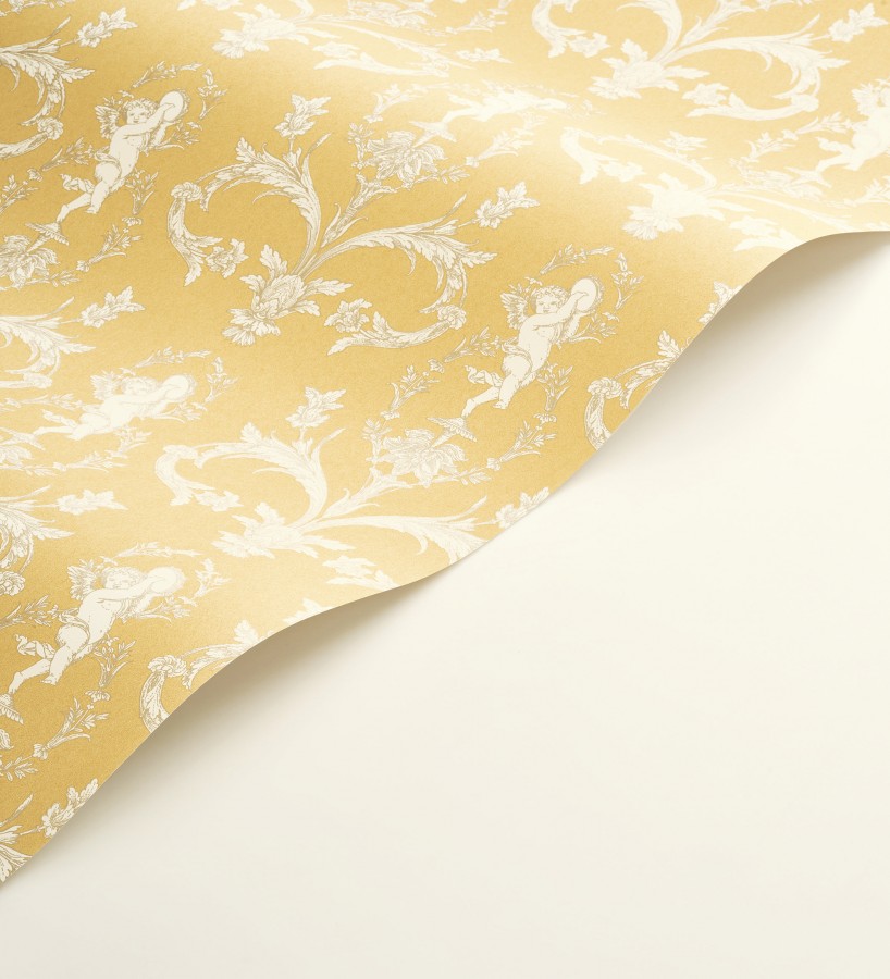 Papel pintado damasco de querubines fondo amarillo mostaza  Cupid Arcadian 684414