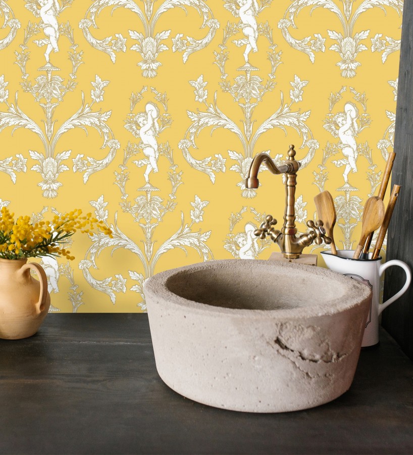 Papel pintado damasco de querubines fondo amarillo mostaza  Cupid Arcadian 684414