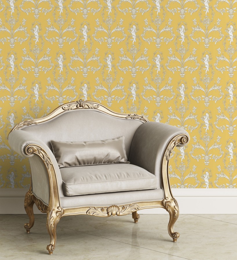 Papel pintado damasco de querubines fondo amarillo mostaza  Cupid Arcadian 684414