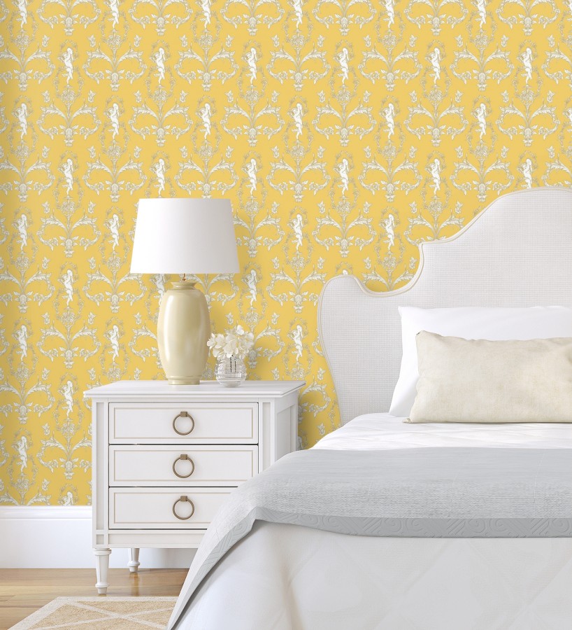 Papel pintado damasco de querubines fondo amarillo mostaza  Cupid Arcadian 684414