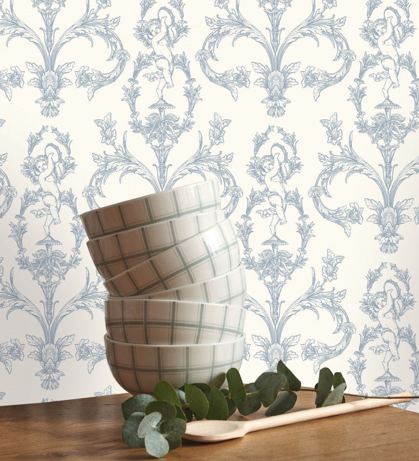Papel pintado damasco de querubines fondo azul real  Cupid Arcadian 684415