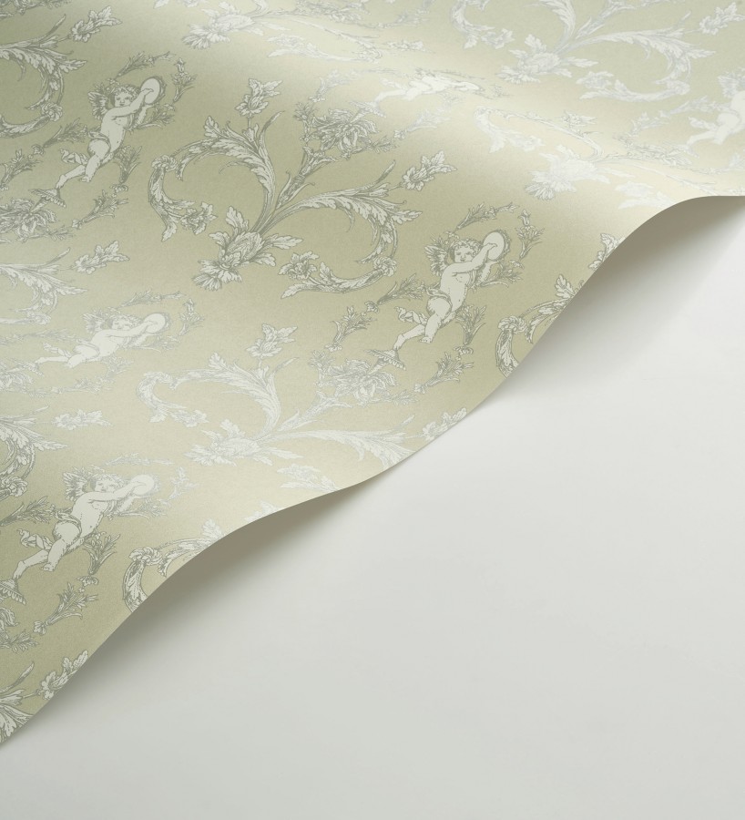 Papel pintado damasco de querubines fondo verde celadón  Cupid Arcadian 684416