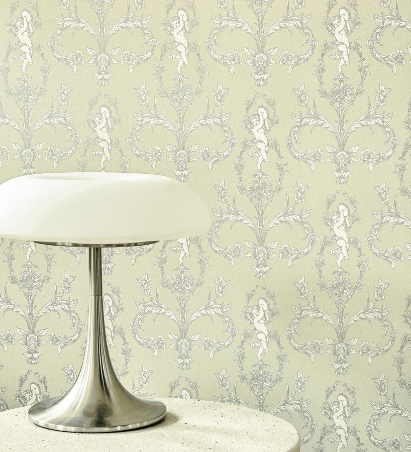 Papel pintado damasco de querubines fondo verde celadón  Cupid Arcadian 684416