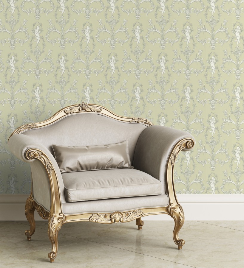 Papel pintado damasco de querubines fondo verde celadón  Cupid Arcadian 684416