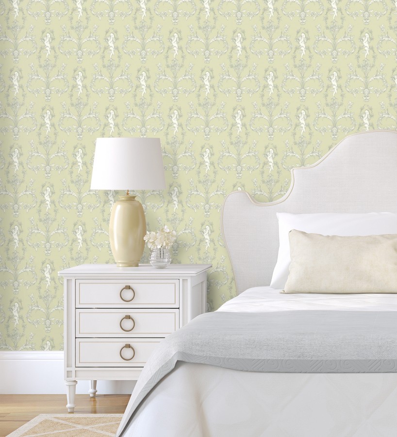 Papel pintado damasco de querubines fondo verde celadón  Cupid Arcadian 684416