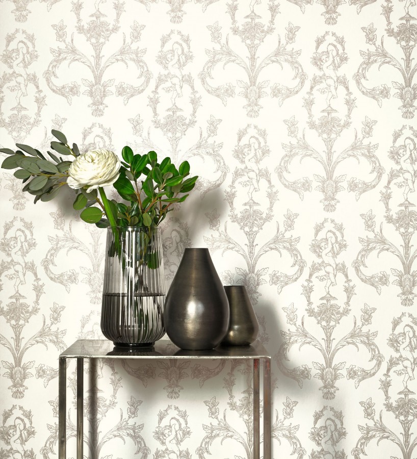 Papel pintado damasco de querubines fondo blanco roto  Cupid Arcadian 684417