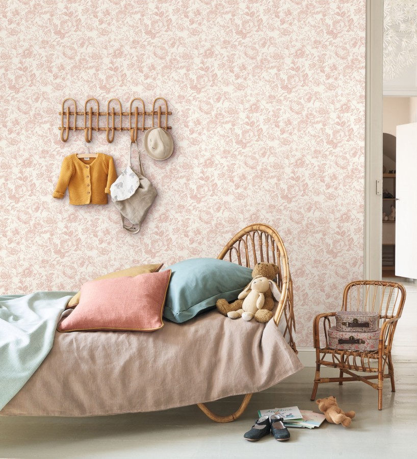 Papel pintado rosas vintage rosa pastel y crema  Rosa Engraved 684419