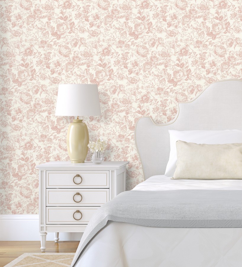 Papel pintado rosas vintage rosa pastel y crema  Rosa Engraved 684419