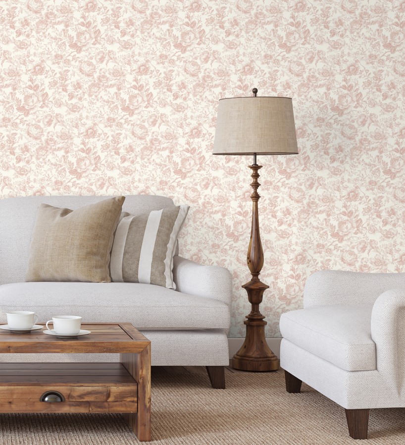 Papel pintado rosas vintage rosa pastel y crema  Rosa Engraved 684419