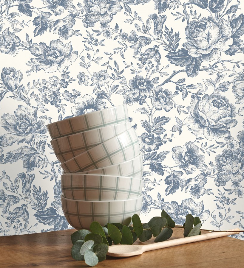 Papel pintado rosas vintage azul real y crema  Rosa Engraved 684420