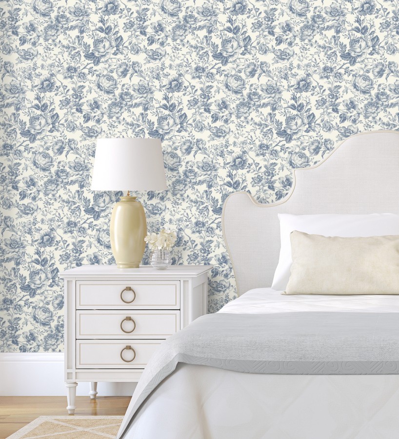 Papel pintado rosas vintage azul real y crema  Rosa Engraved 684420