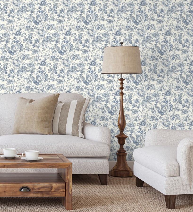 Papel pintado rosas vintage azul real y crema  Rosa Engraved 684420