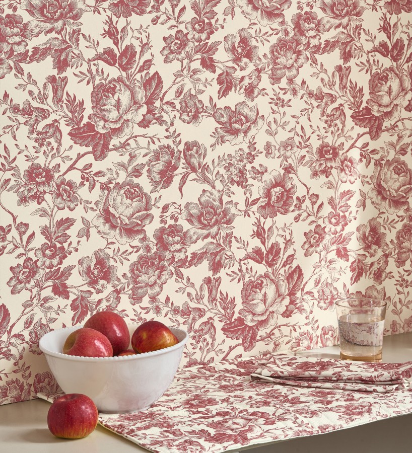Papel pintado rosas vintage granate y crema  Rosa Engraved 684421