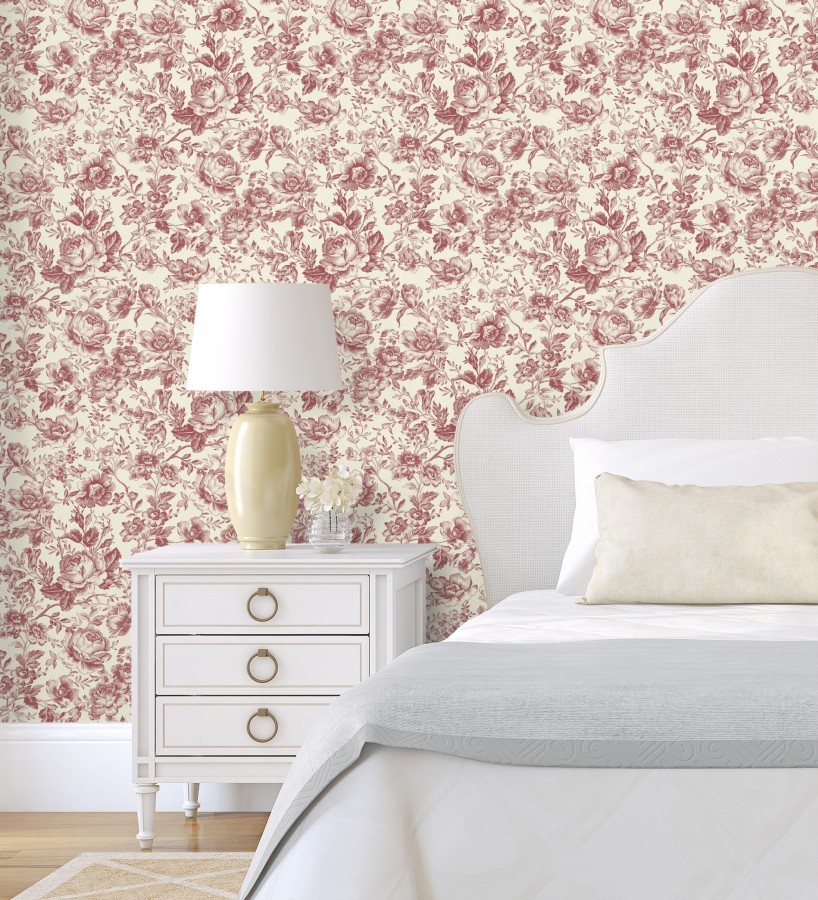 Papel pintado rosas vintage granate y crema  Rosa Engraved 684421