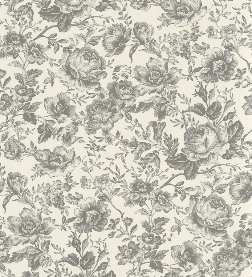 Papel pintado rosas vintage gris carbón y crema  Rosa Engraved 684422