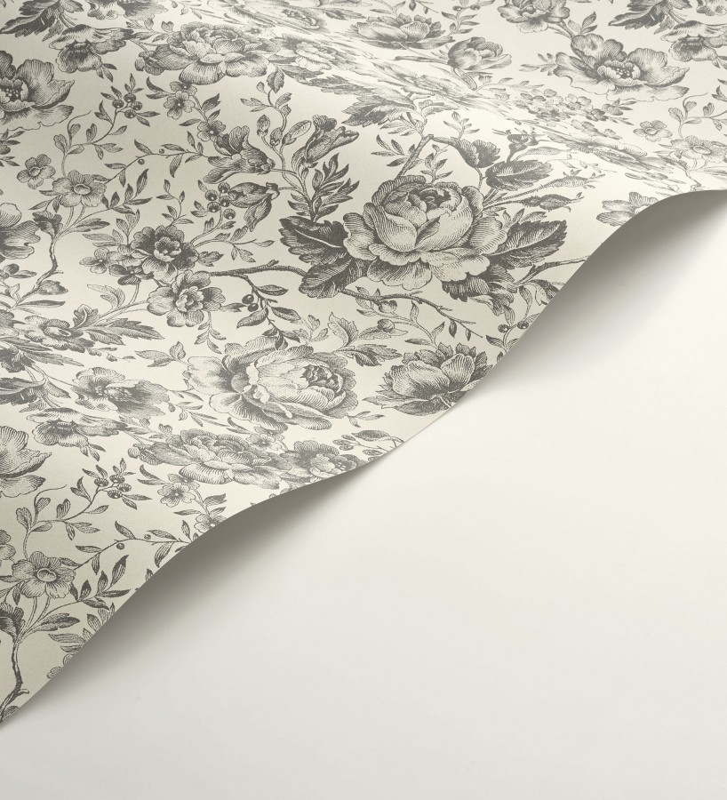 Papel pintado rosas vintage gris carbón y crema  Rosa Engraved 684422