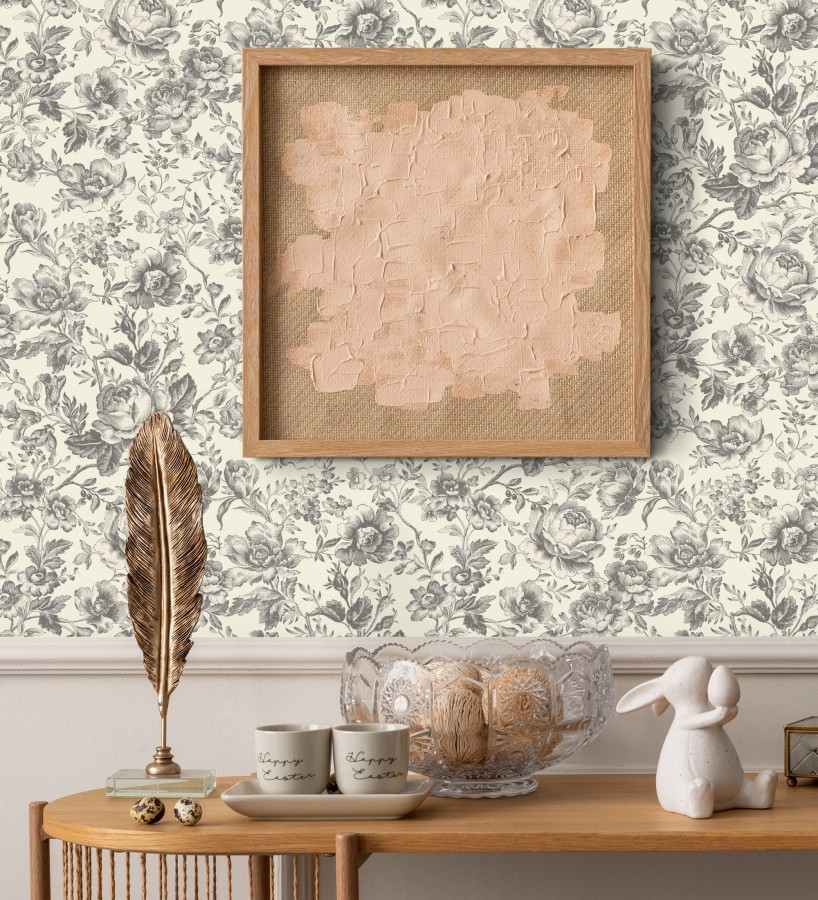 Papel pintado rosas vintage gris carbón y crema  Rosa Engraved 684422