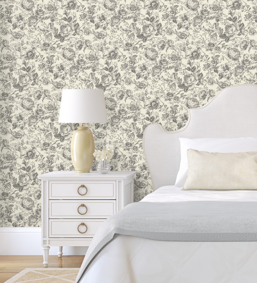 Papel pintado rosas vintage gris carbón y crema  Rosa Engraved 684422