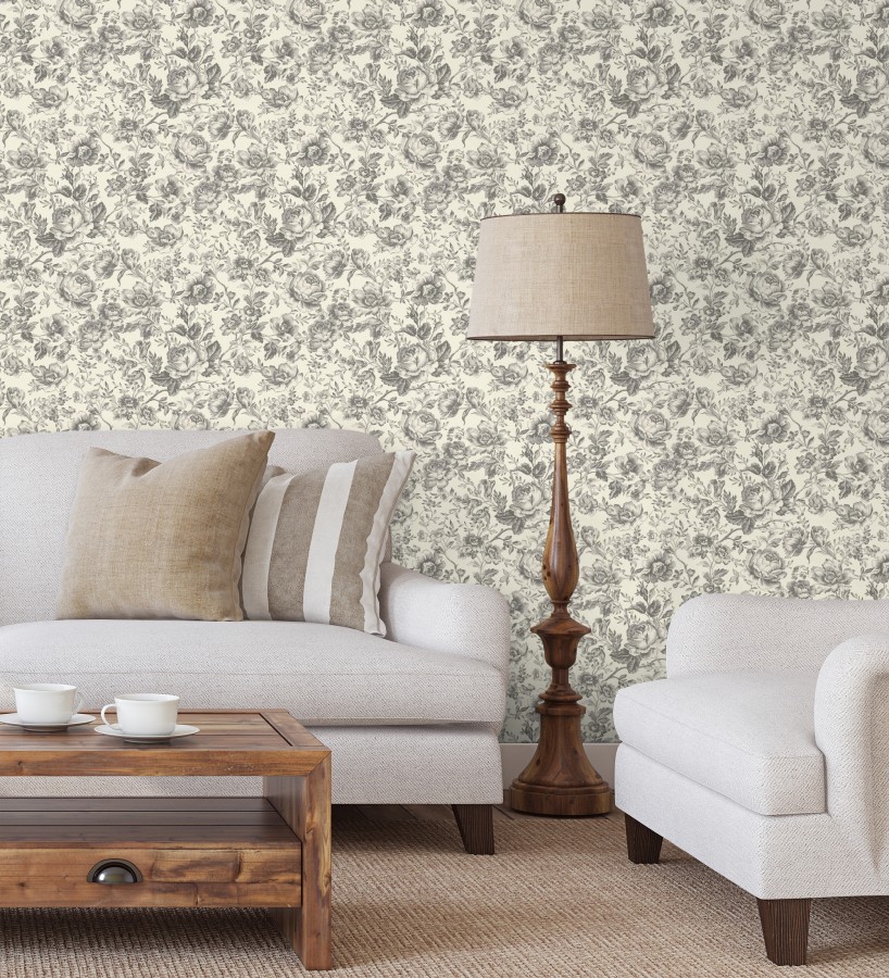 Papel pintado rosas vintage gris carbón y crema  Rosa Engraved 684422